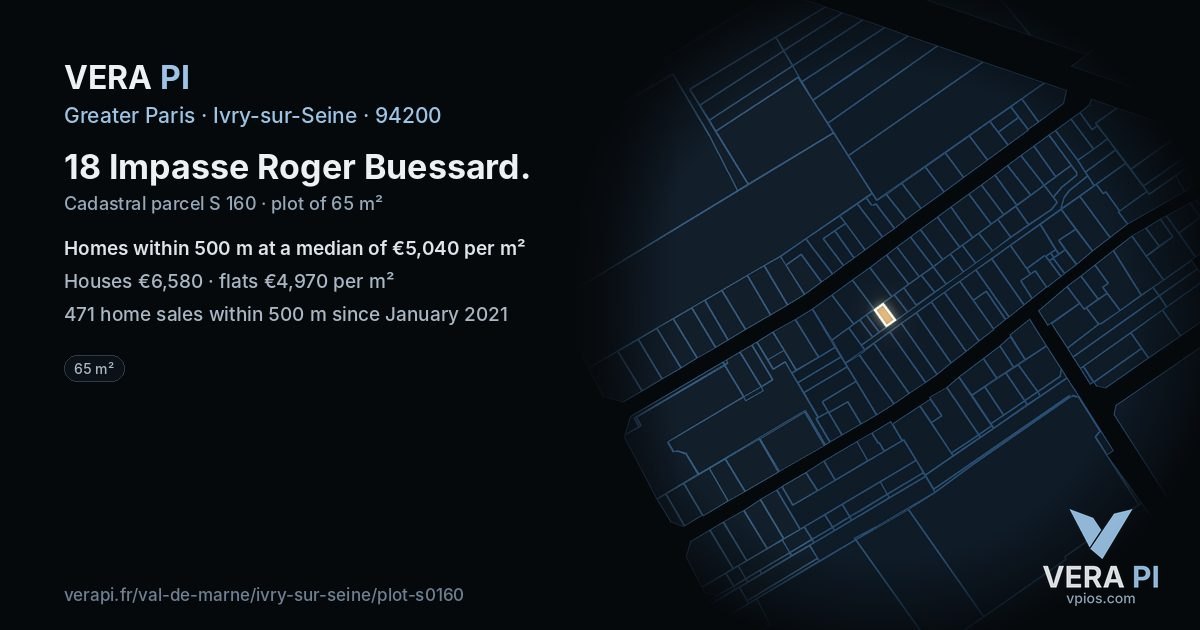 18 Impasse Roger Buessard, Ivry-sur-Seine at night – the plot lit, the parcels around coloured by the prices near them