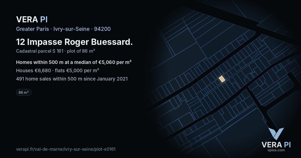 12 Impasse Roger Buessard, Ivry-sur-Seine at night – the plot lit, the parcels around coloured by the prices near them