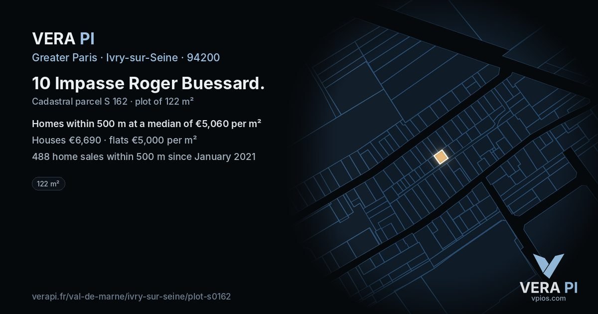 10 Impasse Roger Buessard, Ivry-sur-Seine at night – the plot lit, the parcels around coloured by the prices near them