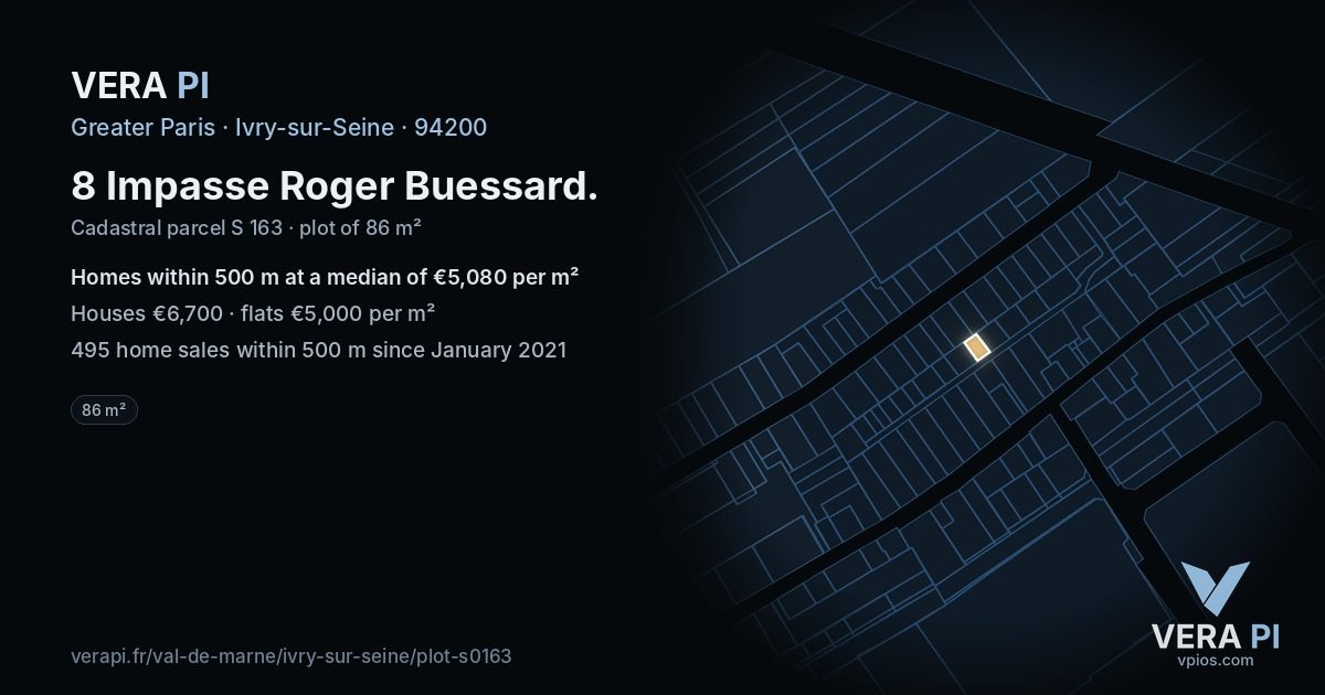 8 Impasse Roger Buessard, Ivry-sur-Seine at night – the plot lit, the parcels around coloured by the prices near them