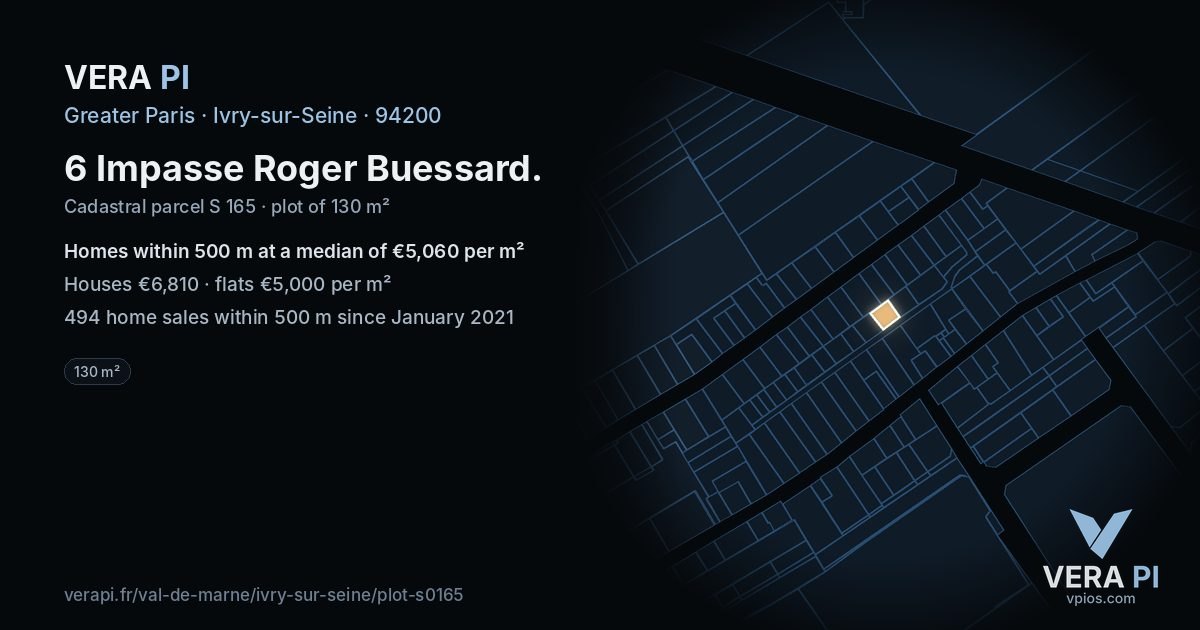 6 Impasse Roger Buessard, Ivry-sur-Seine at night – the plot lit, the parcels around coloured by the prices near them