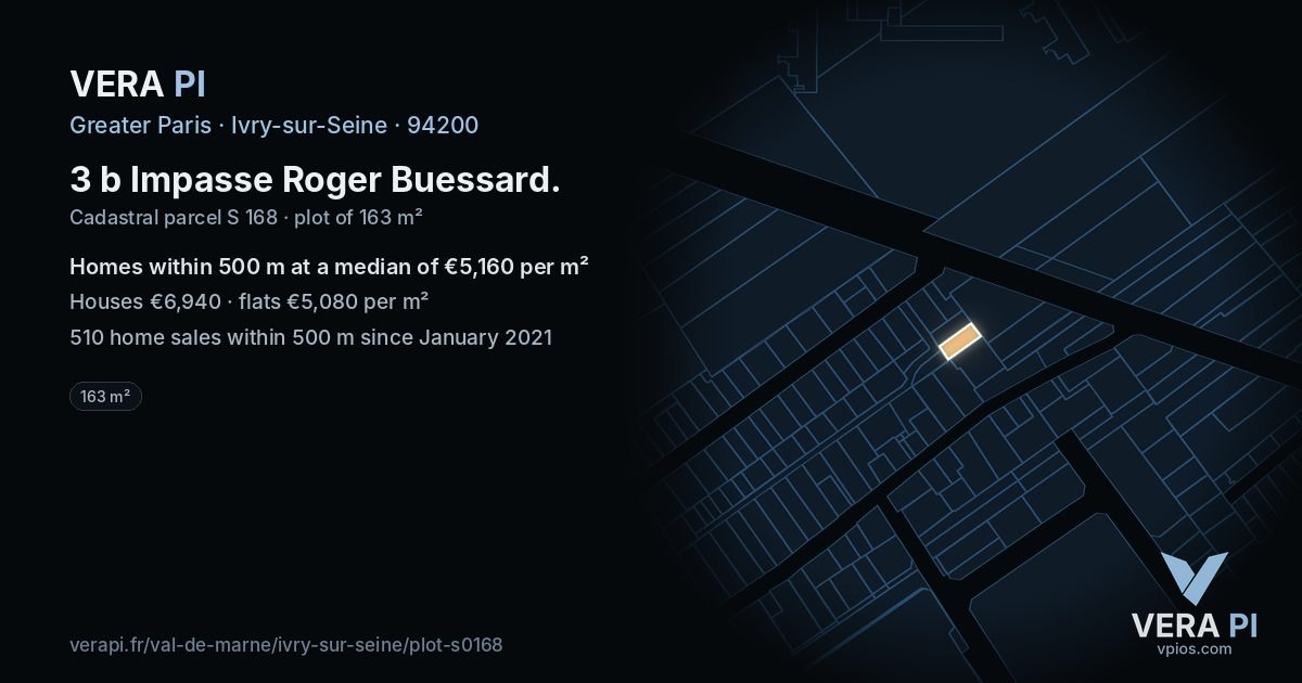 3 b Impasse Roger Buessard, Ivry-sur-Seine at night – the plot lit, the parcels around coloured by the prices near them