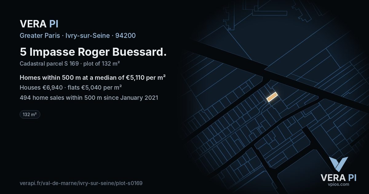 5 Impasse Roger Buessard, Ivry-sur-Seine at night – the plot lit, the parcels around coloured by the prices near them