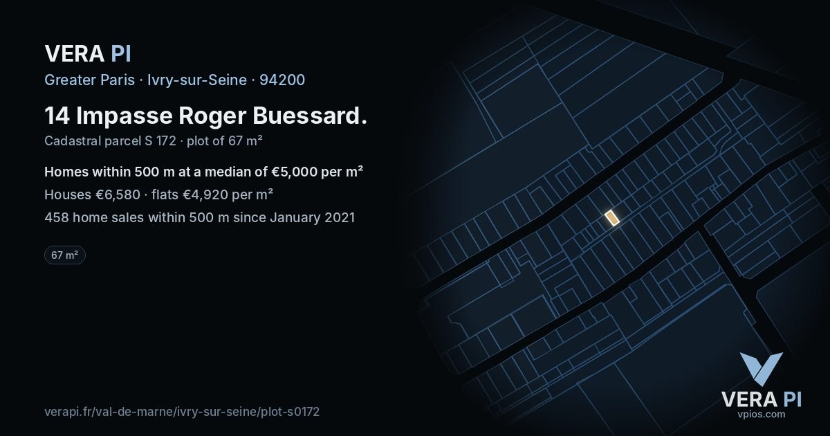 14 Impasse Roger Buessard, Ivry-sur-Seine at night – the plot lit, the parcels around coloured by the prices near them