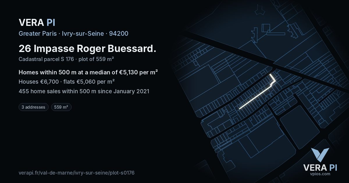 26 Impasse Roger Buessard, Ivry-sur-Seine at night – the plot lit, the parcels around coloured by the prices near them