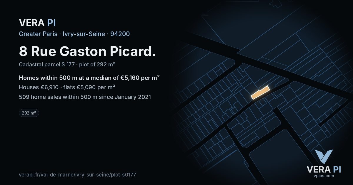 8 Rue Gaston Picard, Ivry-sur-Seine at night – the plot lit, the parcels around coloured by the prices near them