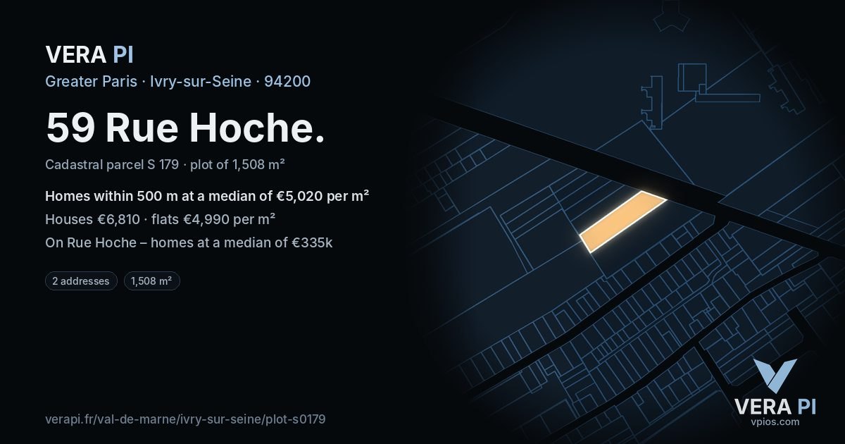 59 Rue Hoche, Ivry-sur-Seine at night – the plot lit, the parcels around coloured by the prices near them
