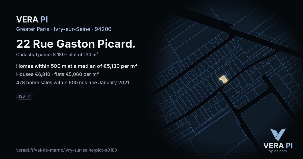 22 Rue Gaston Picard, Ivry-sur-Seine at night – the plot lit, the parcels around coloured by the prices near them