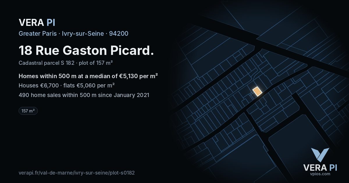 18 Rue Gaston Picard, Ivry-sur-Seine at night – the plot lit, the parcels around coloured by the prices near them
