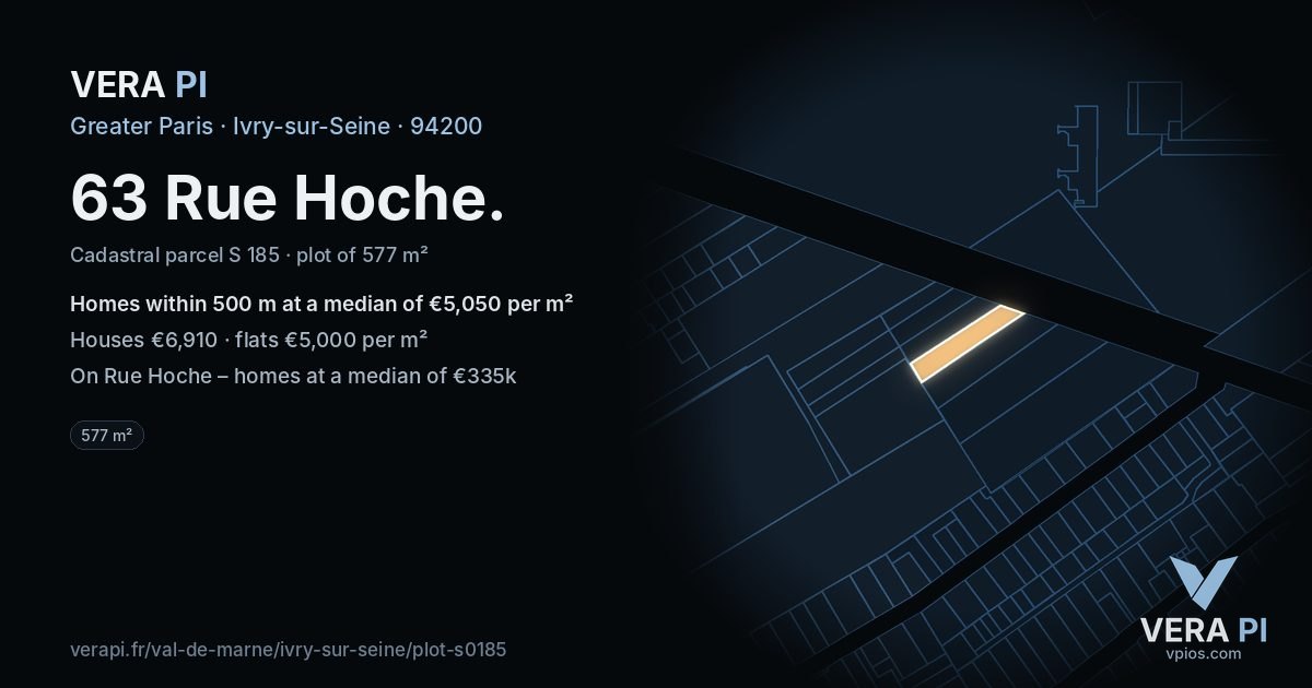63 Rue Hoche, Ivry-sur-Seine at night – the plot lit, the parcels around coloured by the prices near them