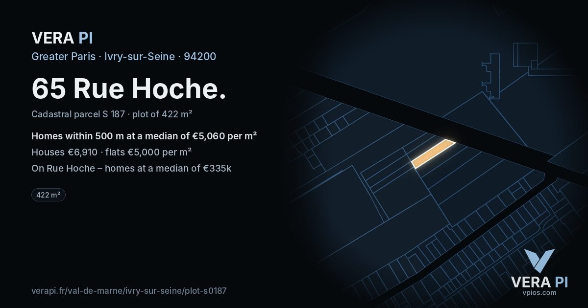 65 Rue Hoche, Ivry-sur-Seine at night – the plot lit, the parcels around coloured by the prices near them