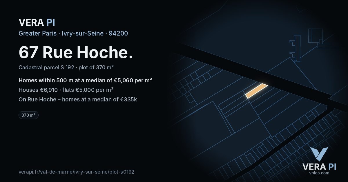 67 Rue Hoche, Ivry-sur-Seine at night – the plot lit, the parcels around coloured by the prices near them
