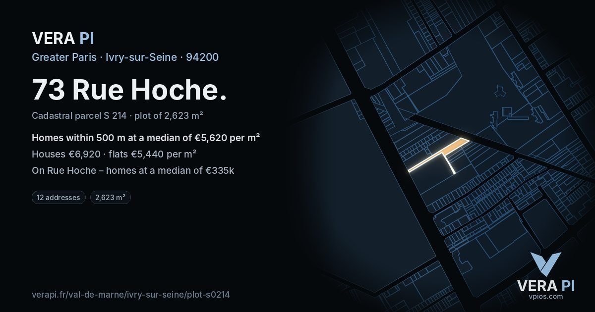 73 Rue Hoche, Ivry-sur-Seine at night – the plot lit, the parcels around coloured by the prices near them