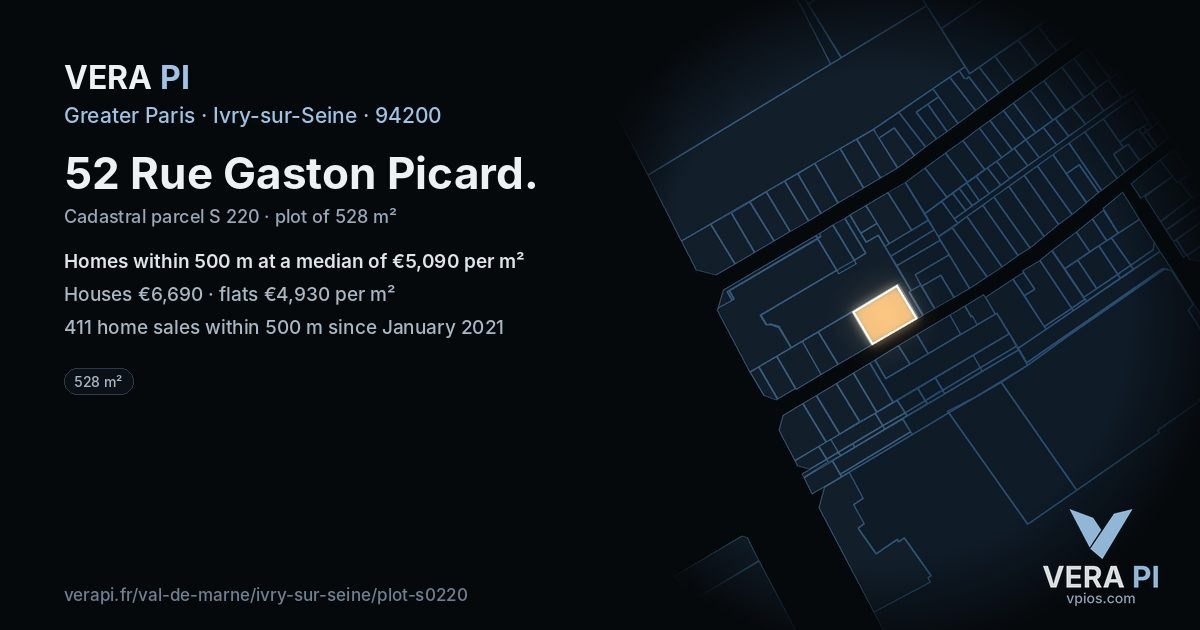52 Rue Gaston Picard, Ivry-sur-Seine at night – the plot lit, the parcels around coloured by the prices near them
