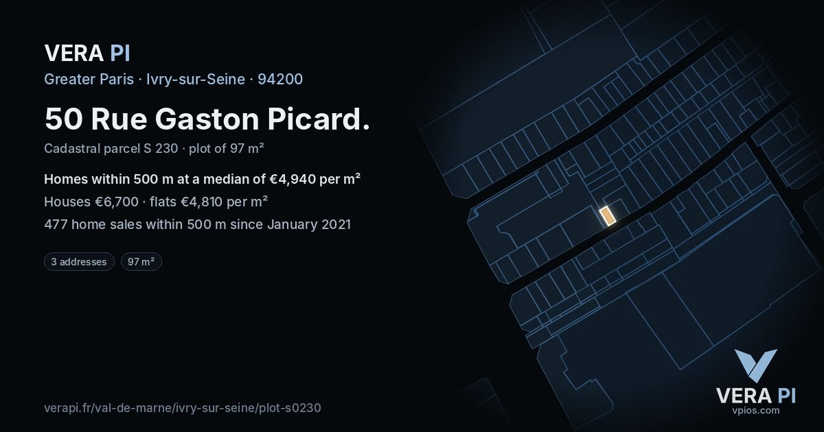 50 Rue Gaston Picard, Ivry-sur-Seine at night – the plot lit, the parcels around coloured by the prices near them