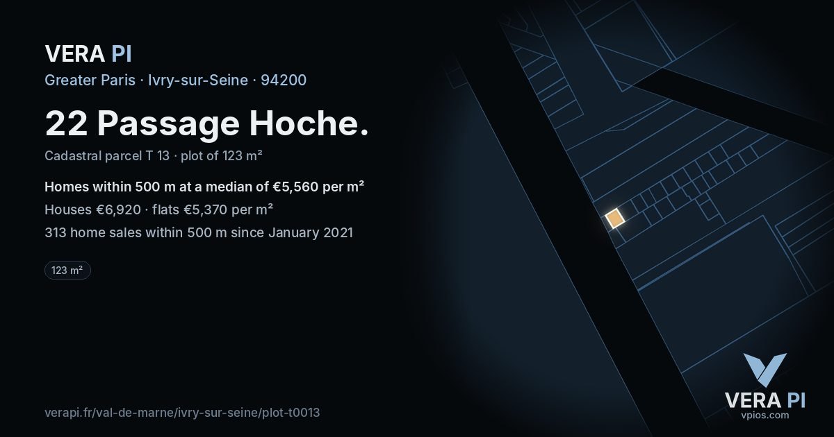 22 Passage Hoche, Ivry-sur-Seine at night – the plot lit, the parcels around coloured by the prices near them