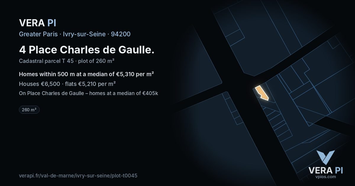 4 Place Charles de Gaulle, Ivry-sur-Seine at night – the plot lit, the parcels around coloured by the prices near them