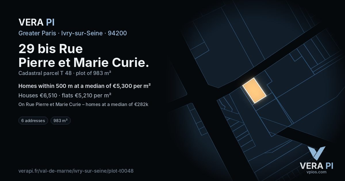 29 bis Rue Pierre et Marie Curie, Ivry-sur-Seine at night – the plot lit, the parcels around coloured by the prices near them