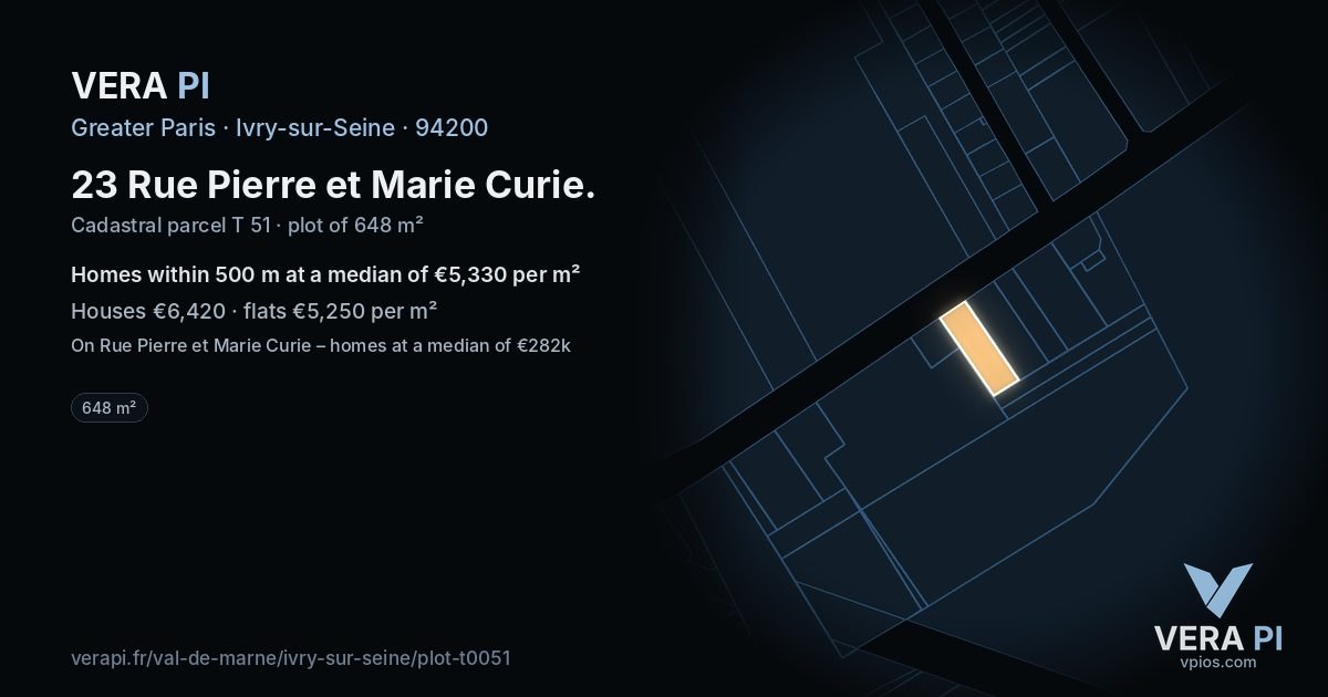23 Rue Pierre et Marie Curie, Ivry-sur-Seine at night – the plot lit, the parcels around coloured by the prices near them