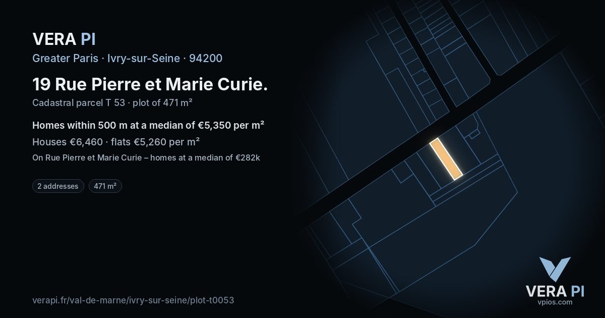 19 Rue Pierre et Marie Curie, Ivry-sur-Seine at night – the plot lit, the parcels around coloured by the prices near them