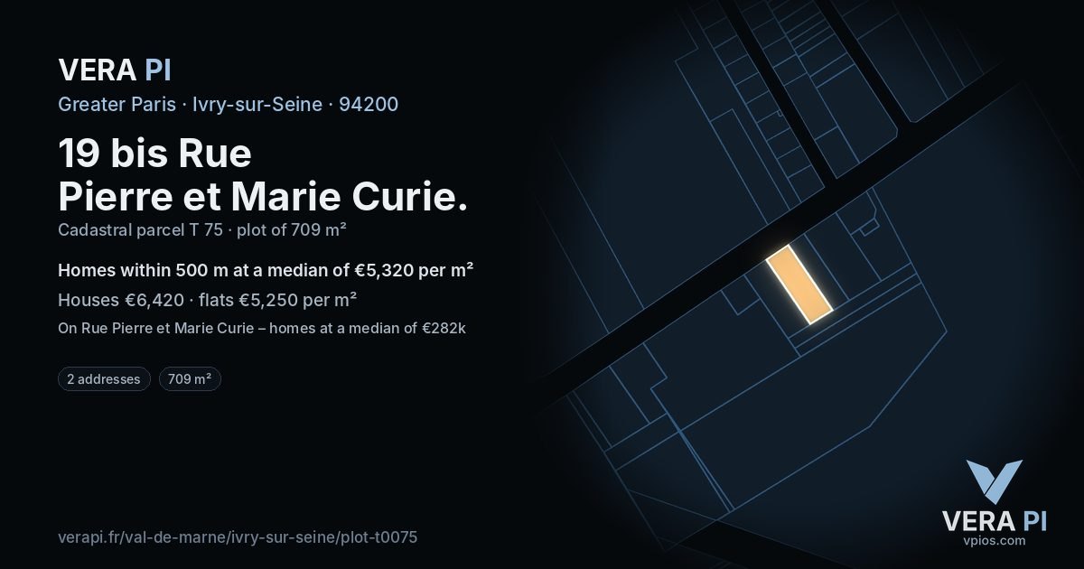 19 bis Rue Pierre et Marie Curie, Ivry-sur-Seine at night – the plot lit, the parcels around coloured by the prices near them