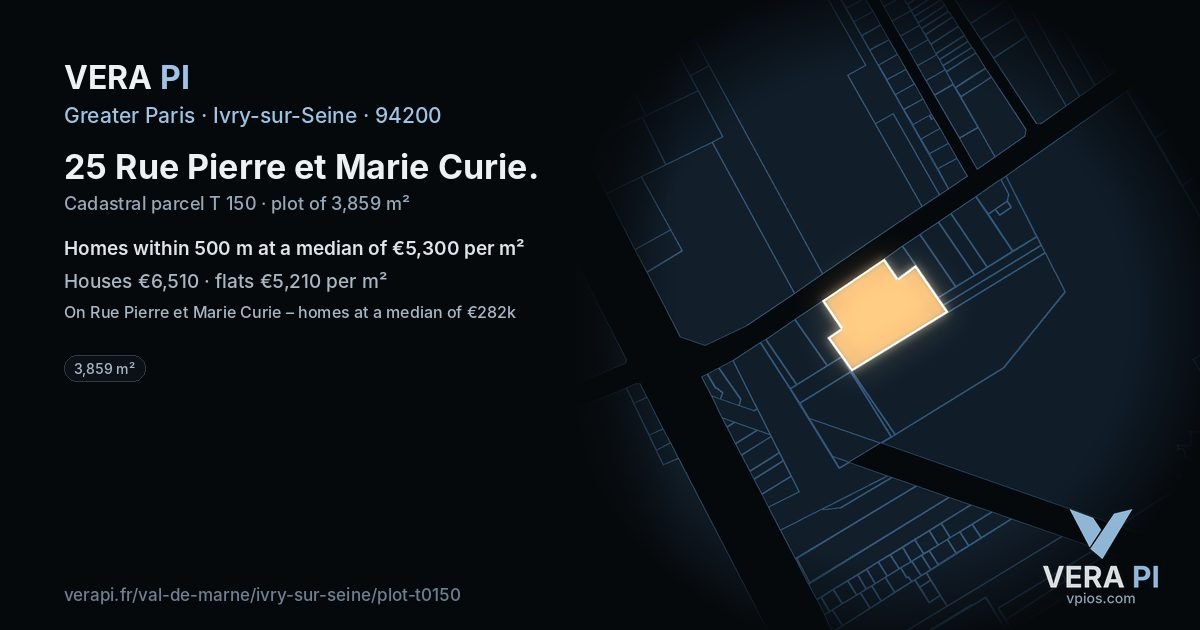 25 Rue Pierre et Marie Curie, Ivry-sur-Seine at night – the plot lit, the parcels around coloured by the prices near them