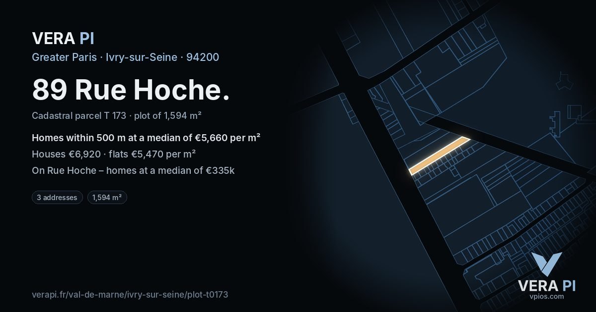 89 Rue Hoche, Ivry-sur-Seine at night – the plot lit, the parcels around coloured by the prices near them