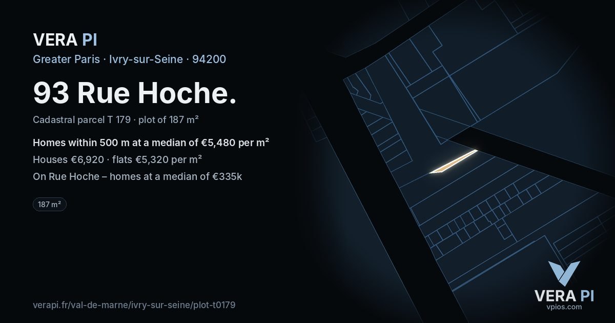 93 Rue Hoche, Ivry-sur-Seine at night – the plot lit, the parcels around coloured by the prices near them