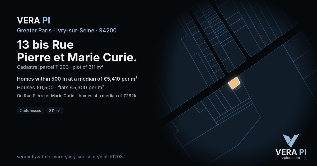 13 bis Rue Pierre et Marie Curie, Ivry-sur-Seine at night – the plot lit, the parcels around coloured by the prices near them