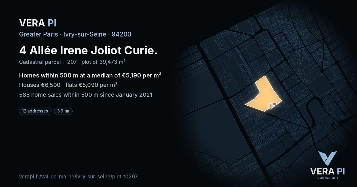 4 Allée Irene Joliot Curie, Ivry-sur-Seine at night – the plot lit, the parcels around coloured by the prices near them