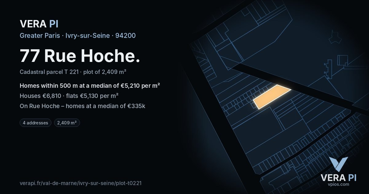 77 Rue Hoche, Ivry-sur-Seine at night – the plot lit, the parcels around coloured by the prices near them