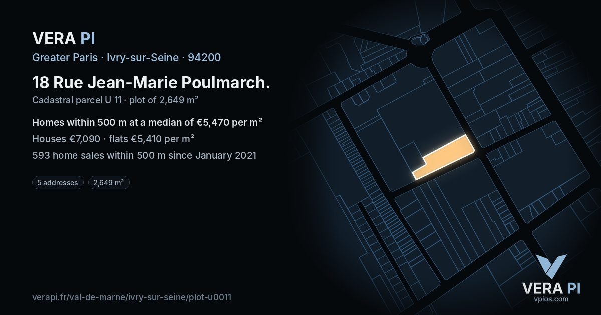 18 Rue Jean-Marie Poulmarch, Ivry-sur-Seine at night – the plot lit, the parcels around coloured by the prices near them