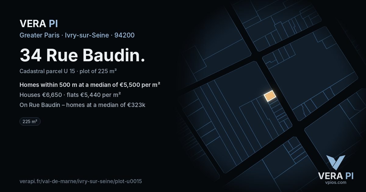 34 Rue Baudin, Ivry-sur-Seine at night – the plot lit, the parcels around coloured by the prices near them