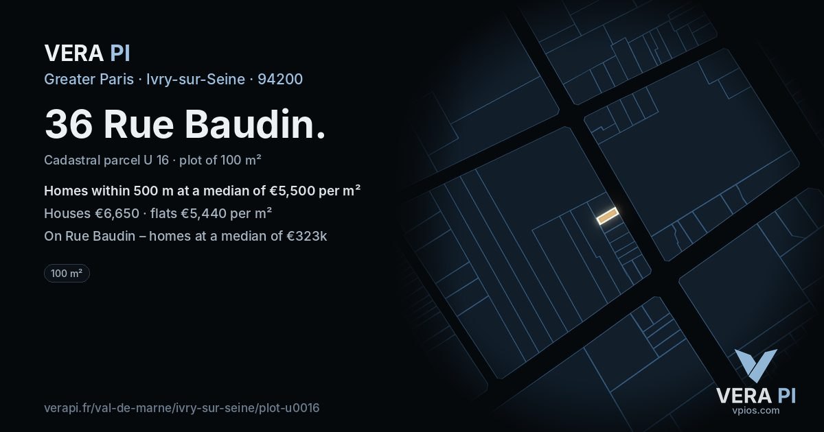 36 Rue Baudin, Ivry-sur-Seine at night – the plot lit, the parcels around coloured by the prices near them
