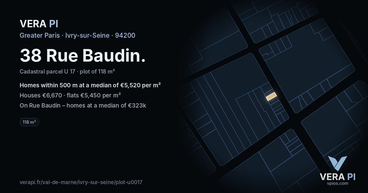 38 Rue Baudin, Ivry-sur-Seine at night – the plot lit, the parcels around coloured by the prices near them