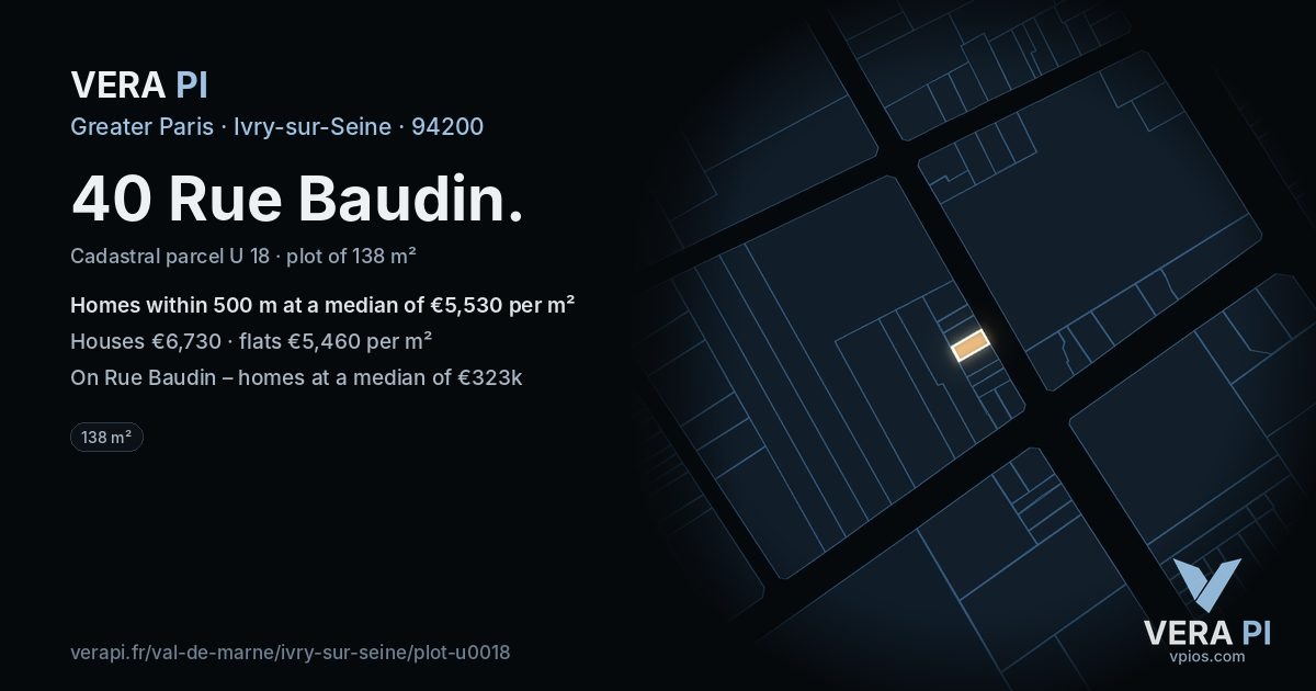 40 Rue Baudin, Ivry-sur-Seine at night – the plot lit, the parcels around coloured by the prices near them