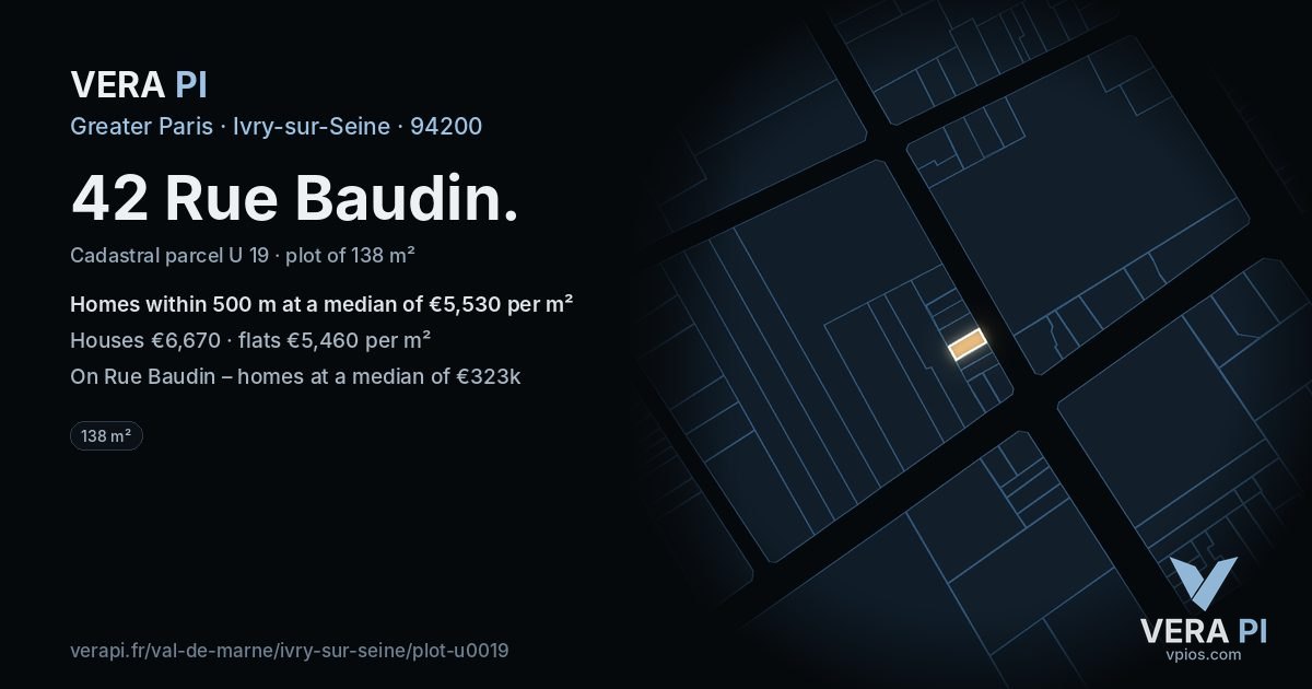 42 Rue Baudin, Ivry-sur-Seine at night – the plot lit, the parcels around coloured by the prices near them