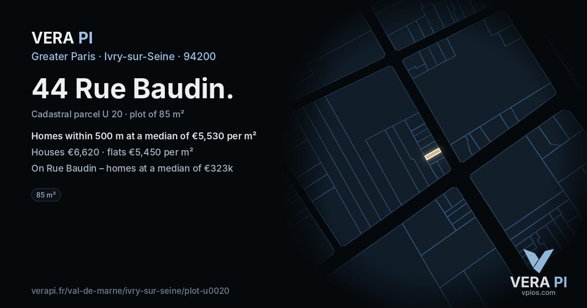 44 Rue Baudin, Ivry-sur-Seine at night – the plot lit, the parcels around coloured by the prices near them