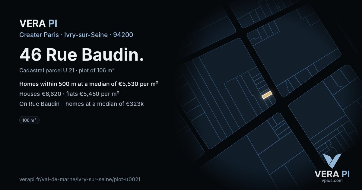46 Rue Baudin, Ivry-sur-Seine at night – the plot lit, the parcels around coloured by the prices near them
