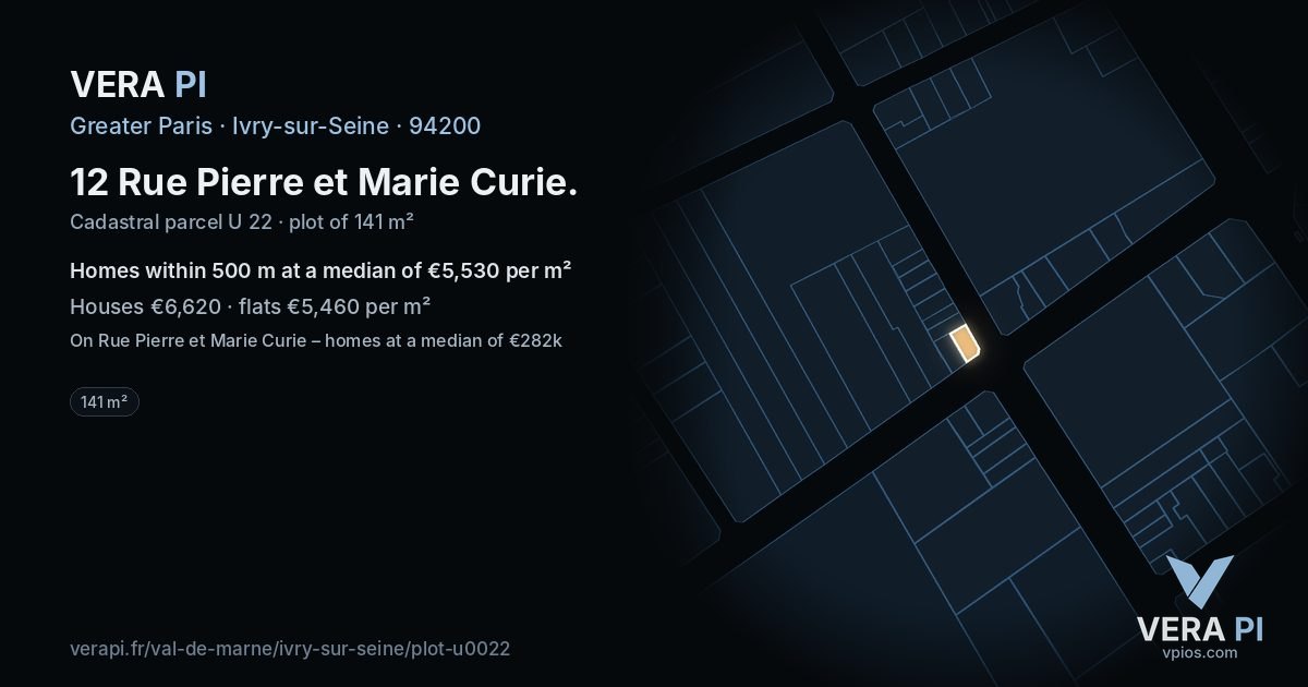 12 Rue Pierre et Marie Curie, Ivry-sur-Seine at night – the plot lit, the parcels around coloured by the prices near them