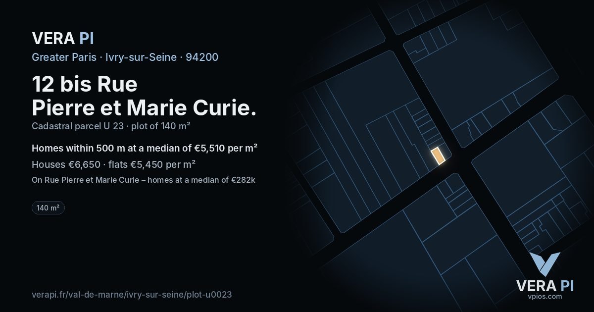 12 bis Rue Pierre et Marie Curie, Ivry-sur-Seine at night – the plot lit, the parcels around coloured by the prices near them