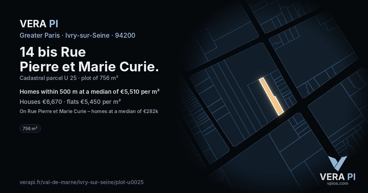 14 bis Rue Pierre et Marie Curie, Ivry-sur-Seine at night – the plot lit, the parcels around coloured by the prices near them