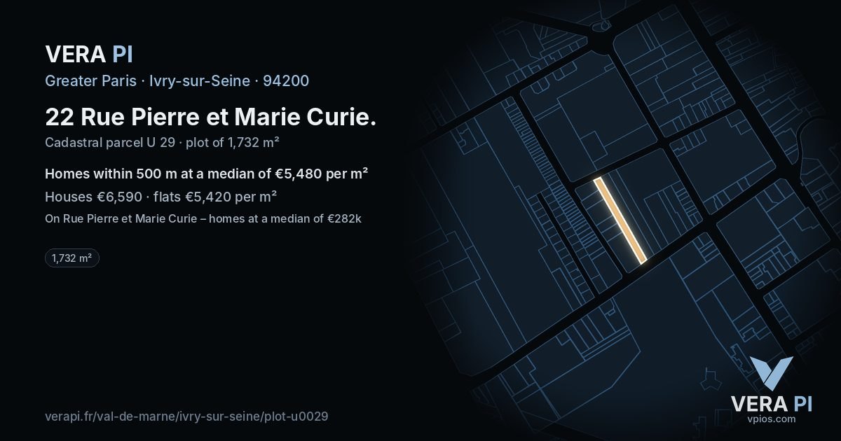 22 Rue Pierre et Marie Curie, Ivry-sur-Seine at night – the plot lit, the parcels around coloured by the prices near them