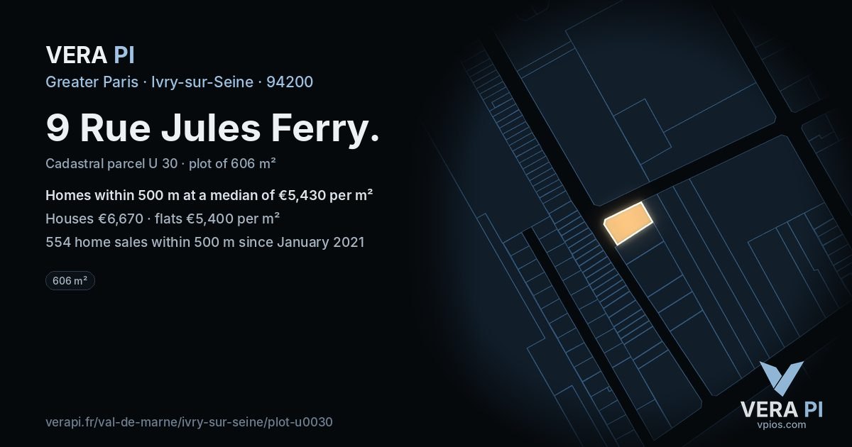 9 Rue Jules Ferry, Ivry-sur-Seine at night – the plot lit, the parcels around coloured by the prices near them
