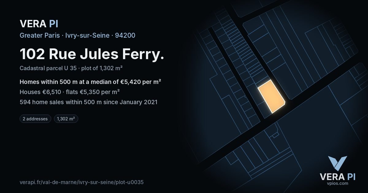 102 Rue Jules Ferry, Ivry-sur-Seine at night – the plot lit, the parcels around coloured by the prices near them