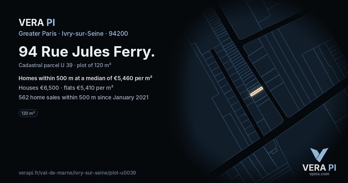 94 Rue Jules Ferry, Ivry-sur-Seine at night – the plot lit, the parcels around coloured by the prices near them