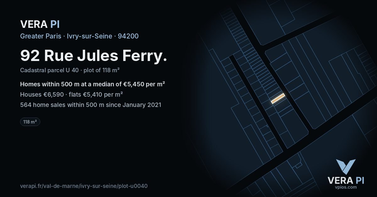 92 Rue Jules Ferry, Ivry-sur-Seine at night – the plot lit, the parcels around coloured by the prices near them