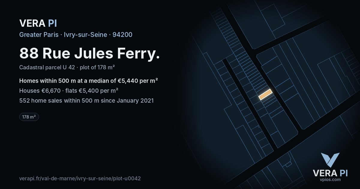 88 Rue Jules Ferry, Ivry-sur-Seine at night – the plot lit, the parcels around coloured by the prices near them