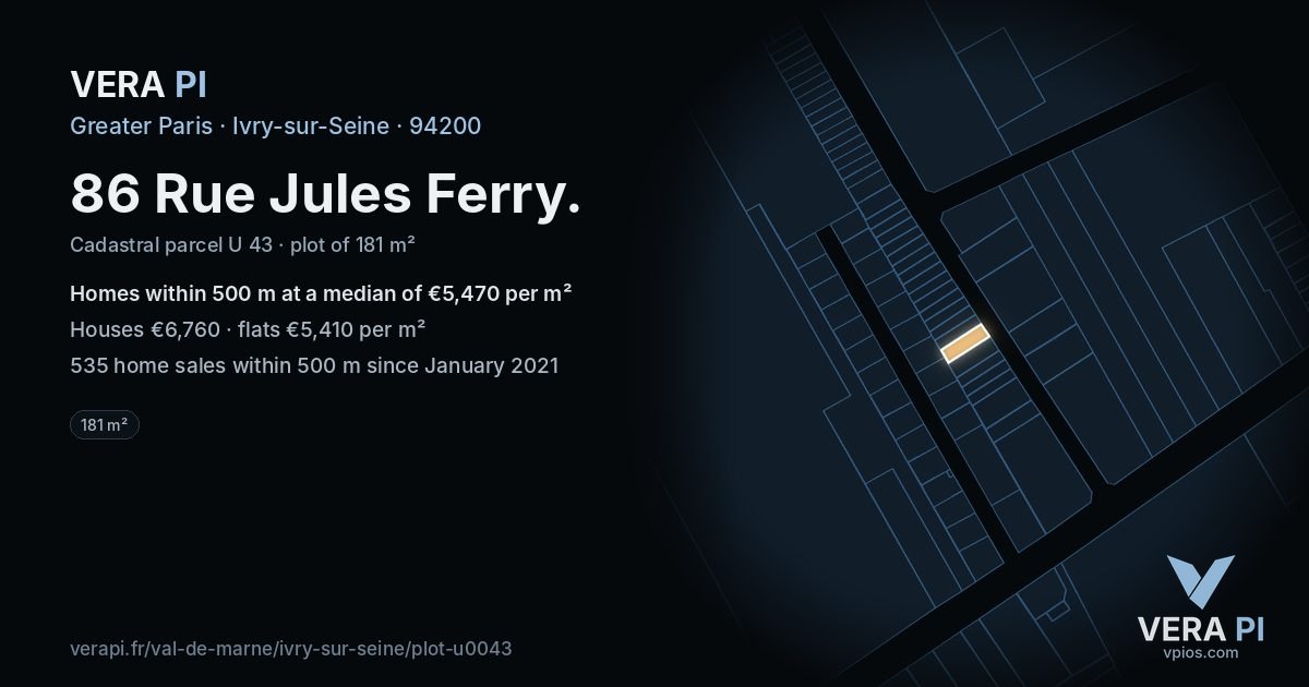 86 Rue Jules Ferry, Ivry-sur-Seine at night – the plot lit, the parcels around coloured by the prices near them