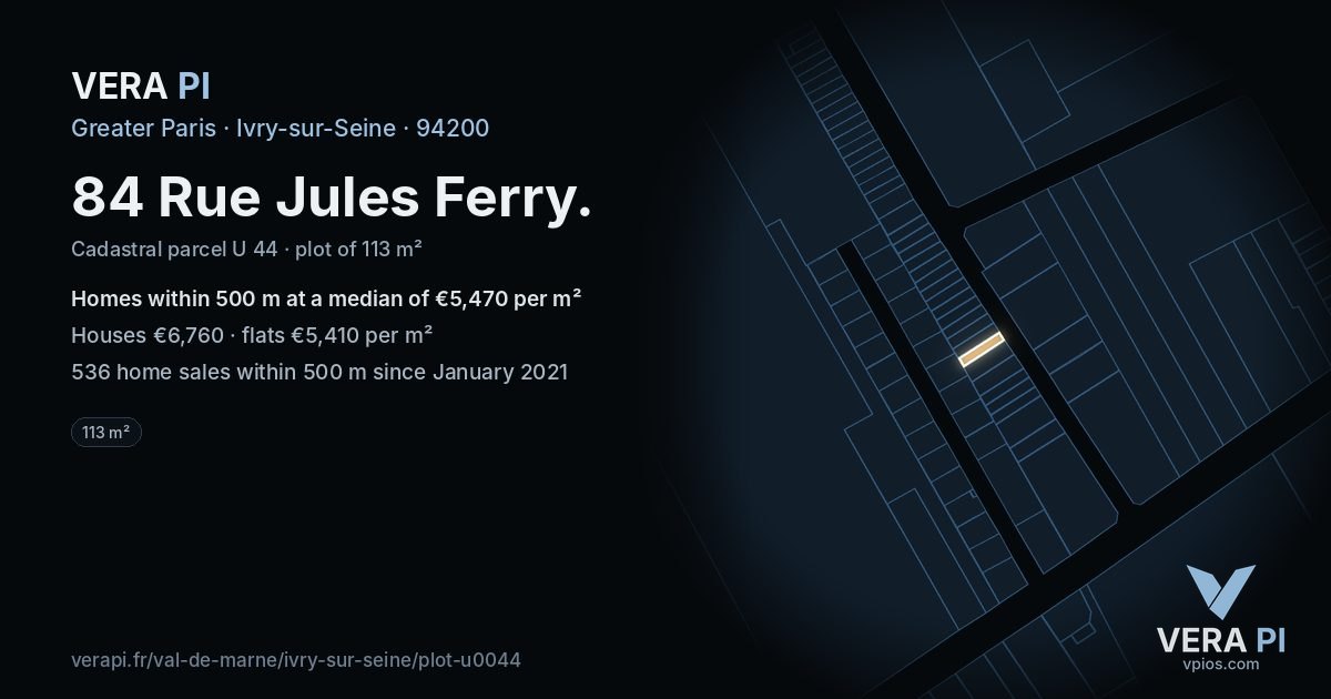 84 Rue Jules Ferry, Ivry-sur-Seine at night – the plot lit, the parcels around coloured by the prices near them